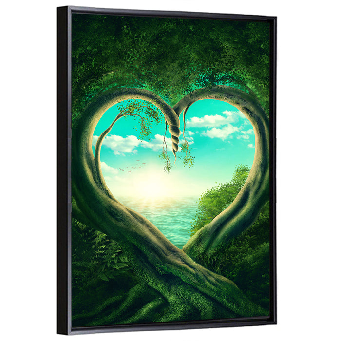 Two Trees Forming a Heart Wall Art as a framed canvas
