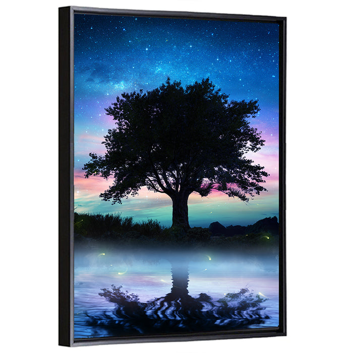 Lonely Tree Under Starry Sky Wall Art as a framed canvas