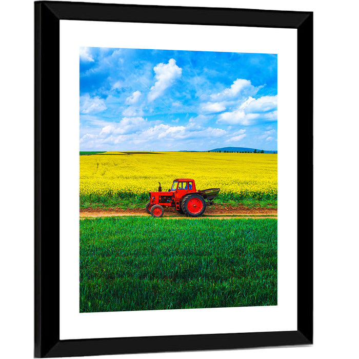 Red Tractor Over Yellow Rapeseed Field Wall Art as a framed print
