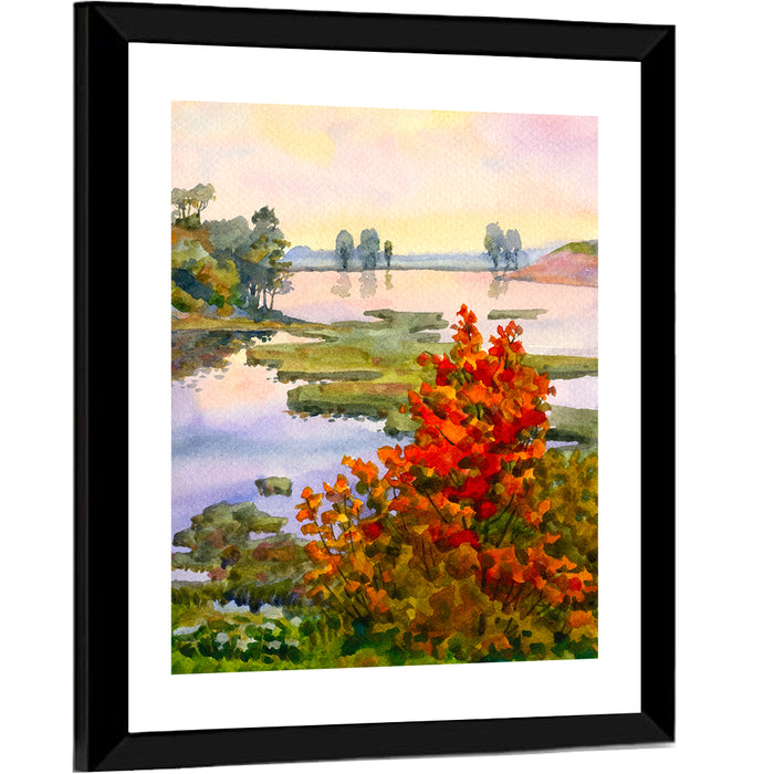 Autumn Lake Watercolor Wall Art as a framed print