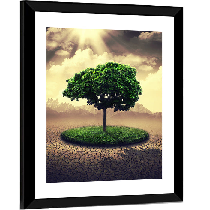 Circular Grass Oasis with Lone Tree Wall Art as a framed print