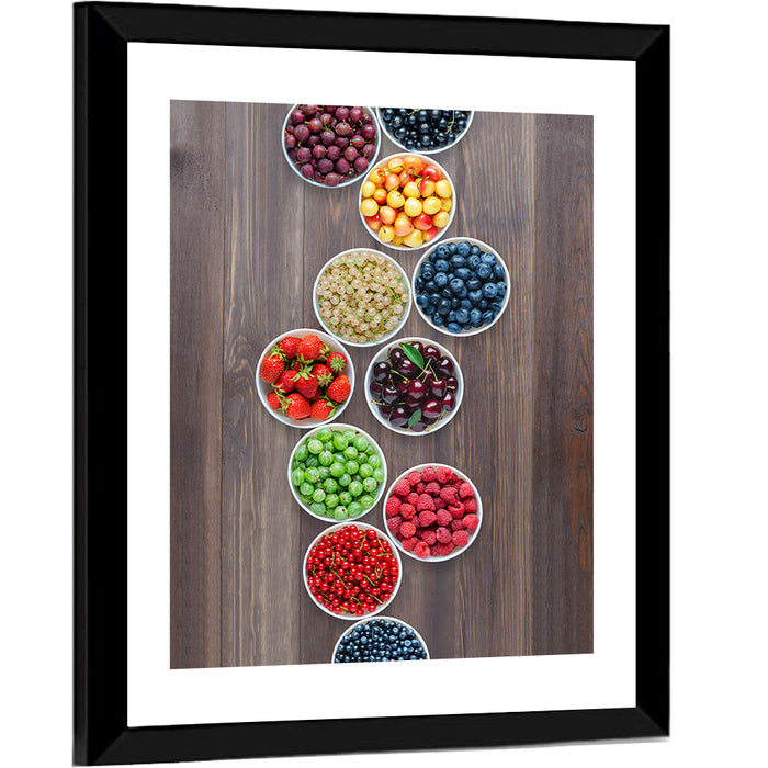 Ten Round Bowls of Berries Wall Art as a framed print