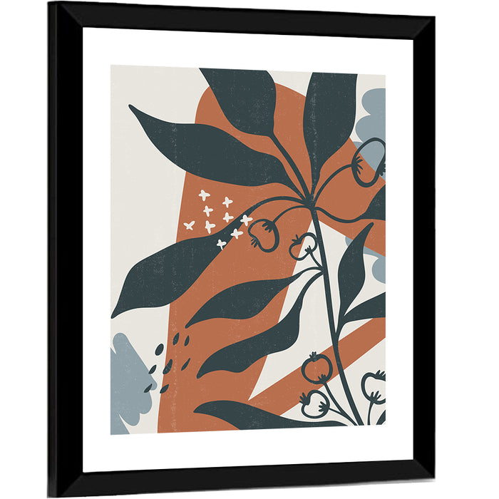 Boho Floral Abstract, Dark Blue and Terracotta Wall Art as a framed print
