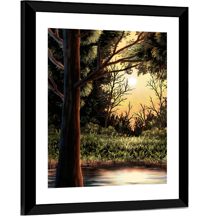Golden Hour Lake in the Woods Wall Art as a framed print
