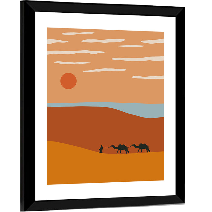 Minimalist Camel Caravan Sunset Wall Art as a framed print