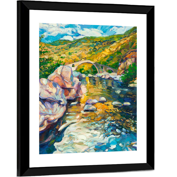 Arched Stone Bridge in Mountain River Wall Art as a framed print