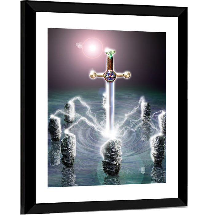 King Arthur Sword in Stone Illustration Wall Art as a framed print