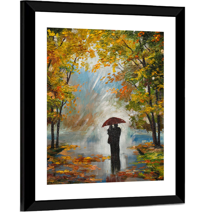 Couple in Autumn Forest Wall Art as a framed print