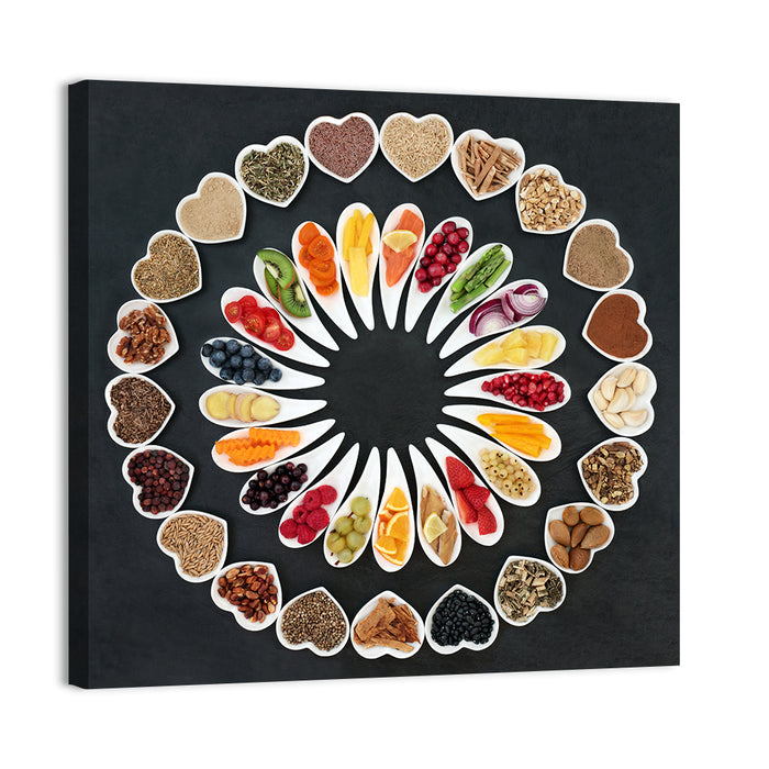 Circular Heart Bowls of Fresh Ingredients Wall Art as a canvas print