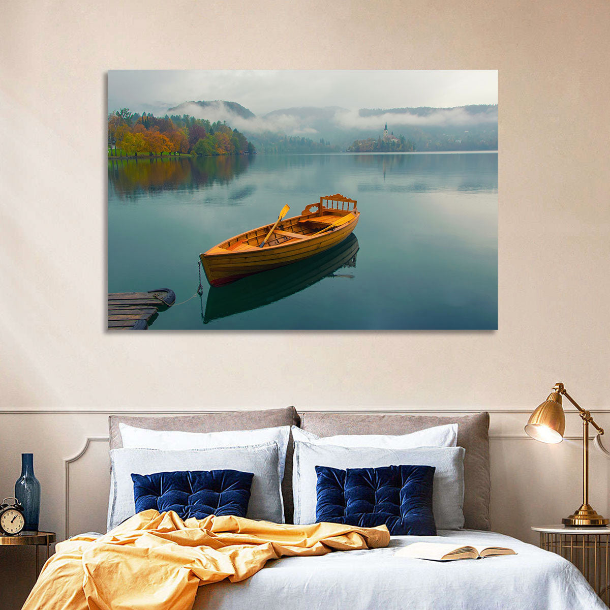 Foggy Bled Lake Boat Wall Art