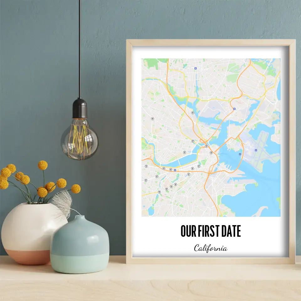 Our First Date Map Canvas Wall Art, natural frame