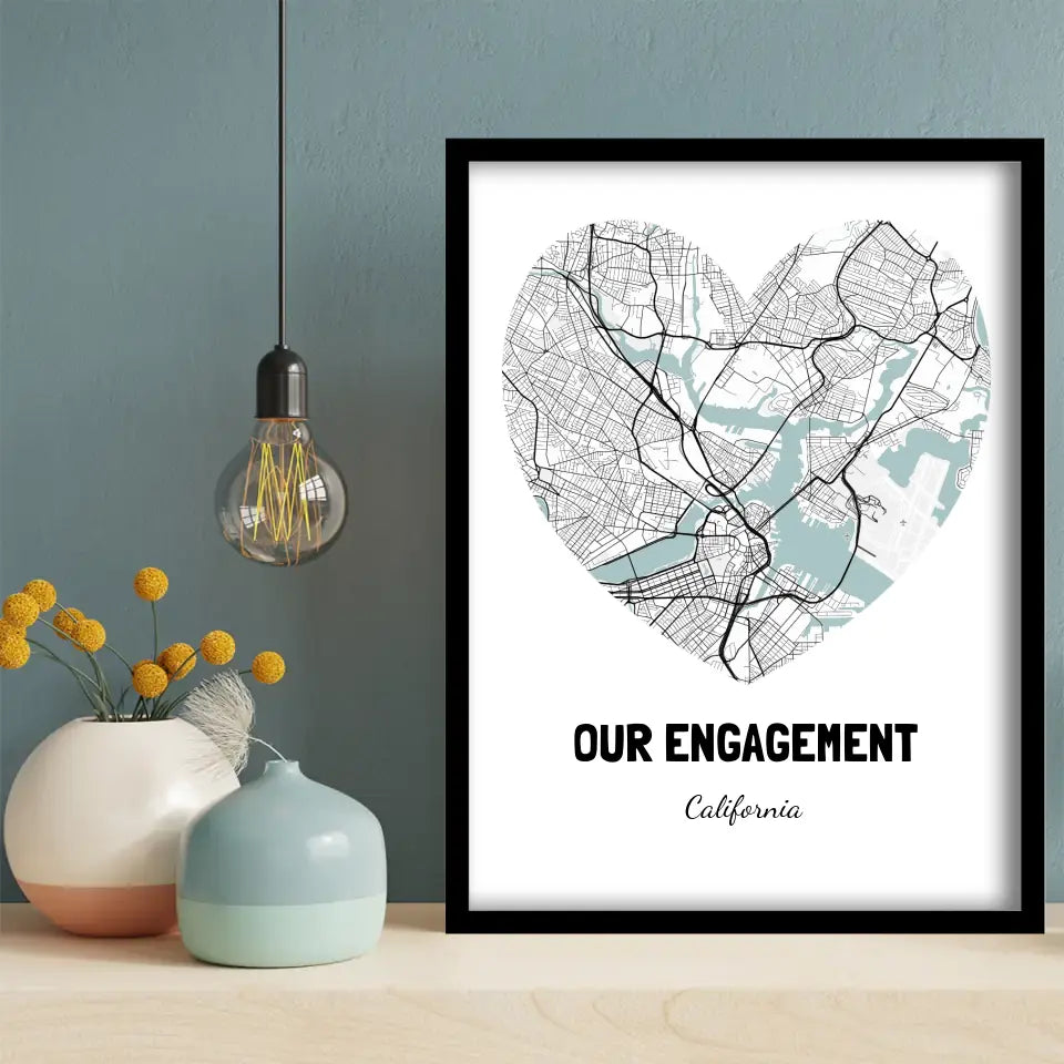 Our Engagement Map Canvas Wall Art, black frame