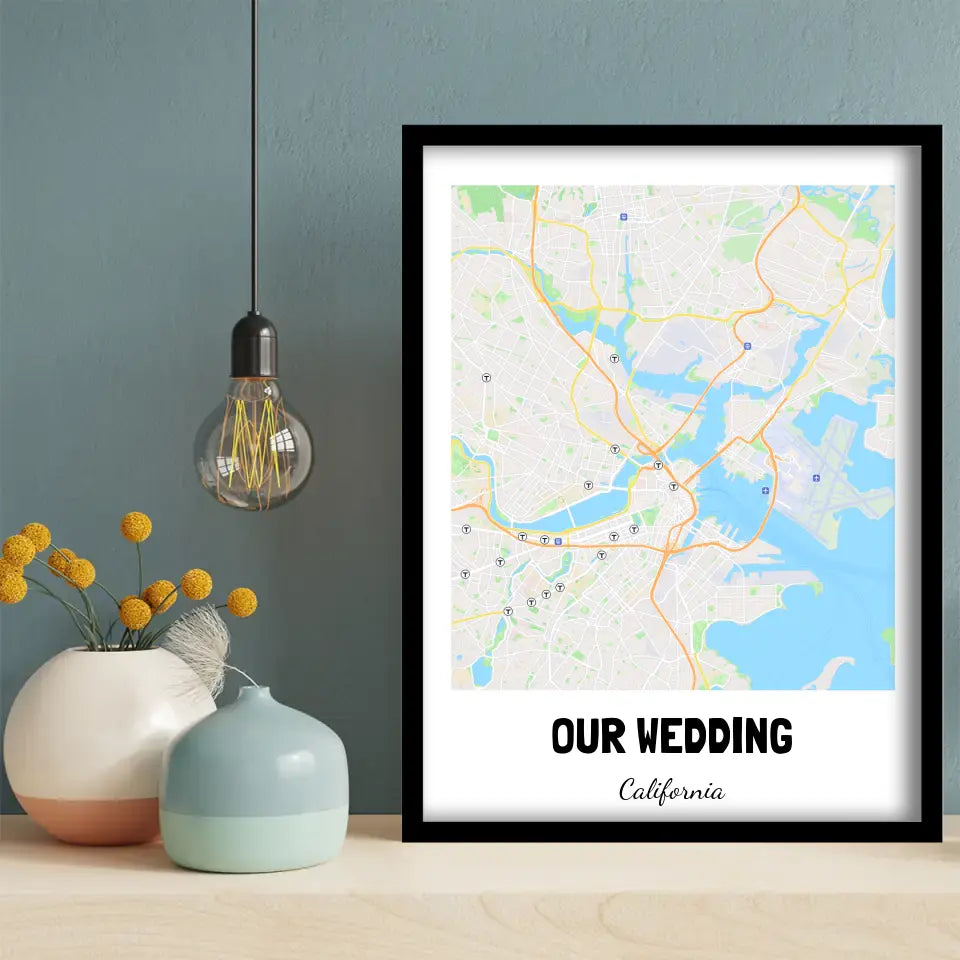 Our Wedding Boston Map Canvas Wall Art, black frame