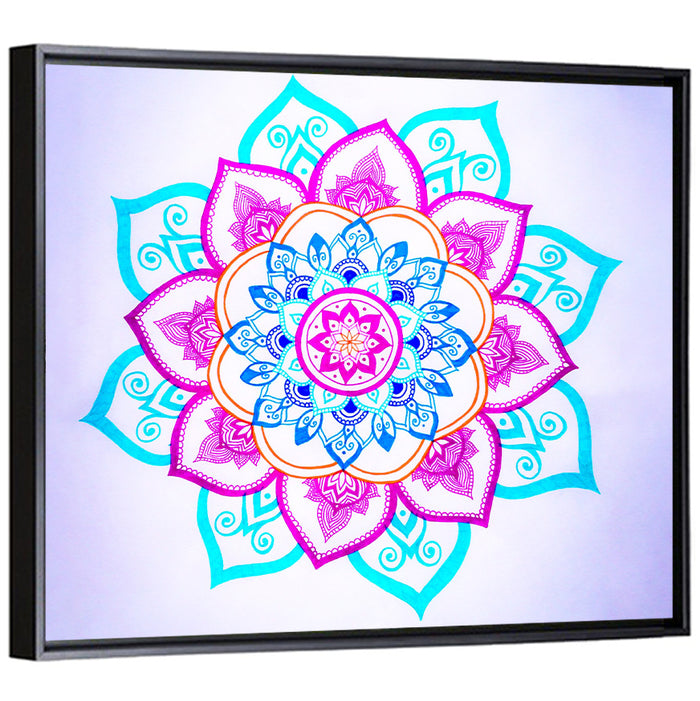 Vibrant Hand-drawn Mandala Flower Pattern Wall Art as a framed canvas