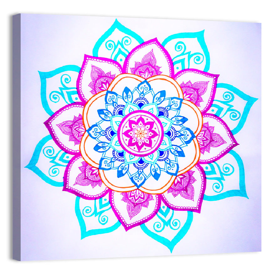 Vibrant Hand-drawn Mandala Flower Pattern Wall Art, canvas print, square