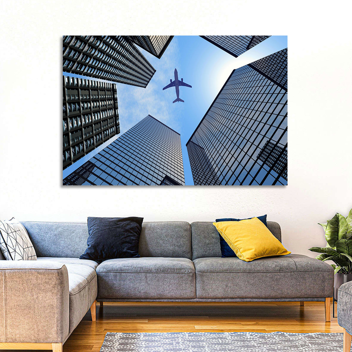 Airplane Above Skyscrapers Wall Art