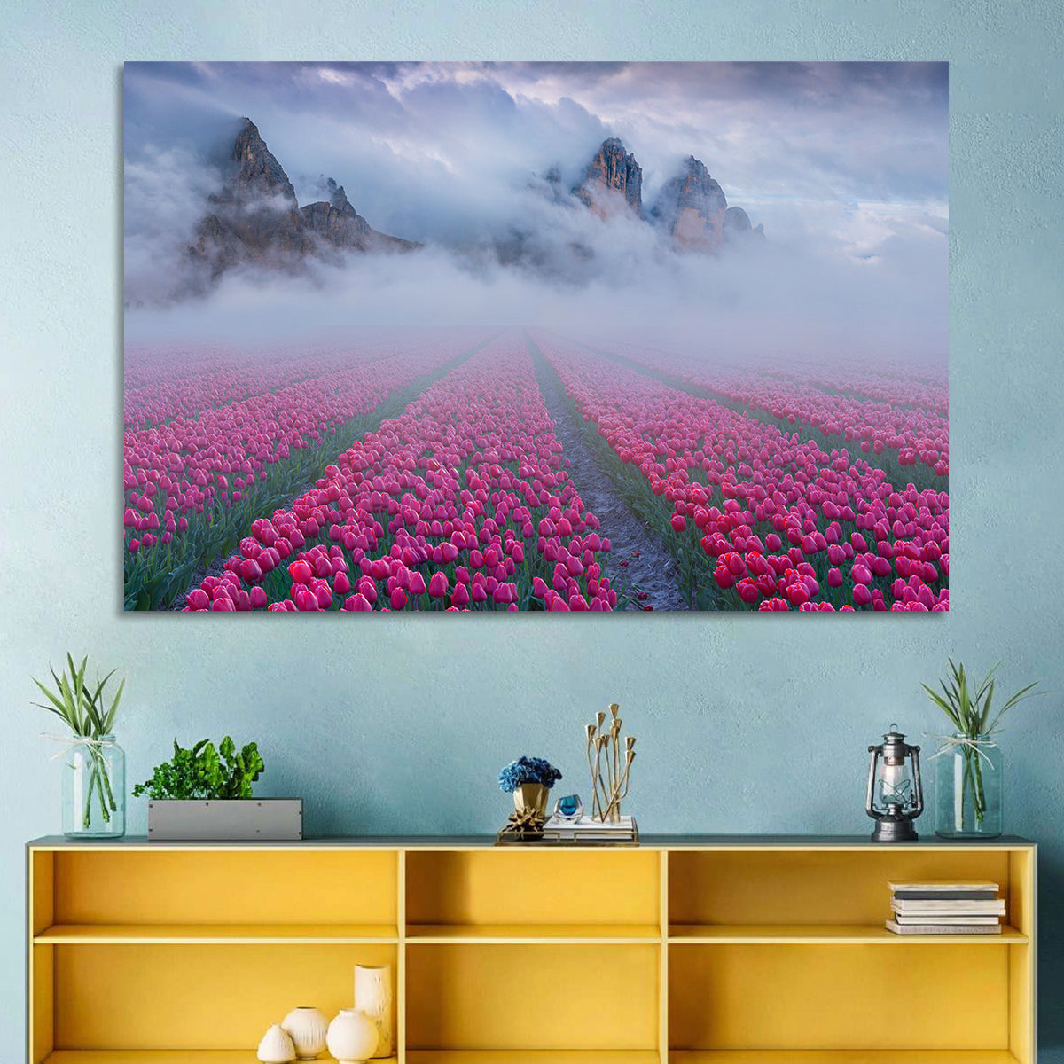 Foggy Tulips Field Wall Art
