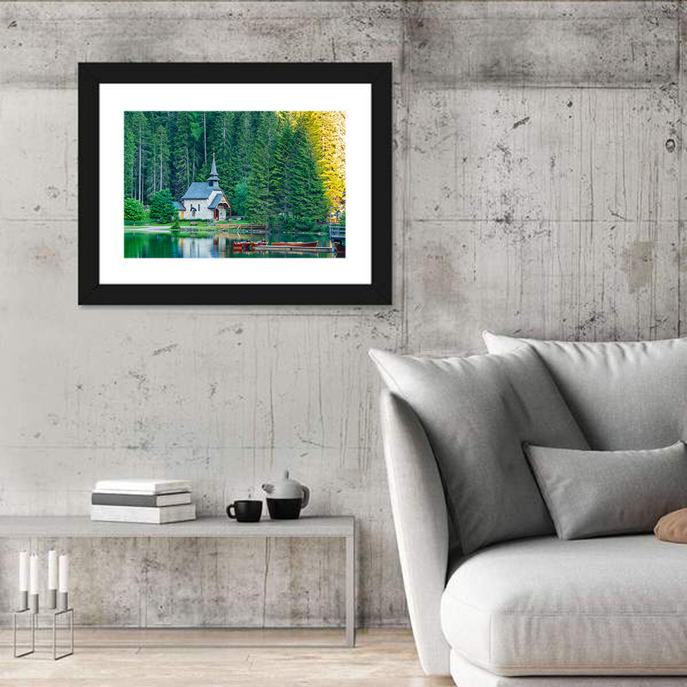 Lago Di Braies Chapel Reflection Wall Art