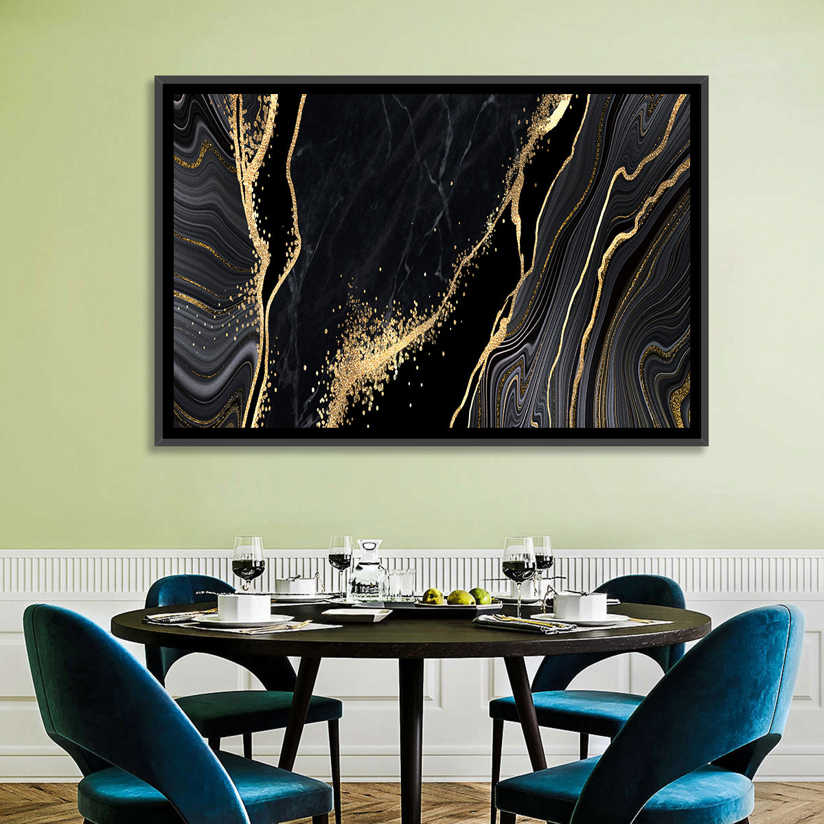 Gold Glitter Black Marble Abstract Wall Art