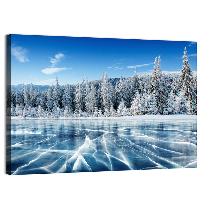 Cracked Ice Lake with Snowy Pines Wall Art as a canvas print