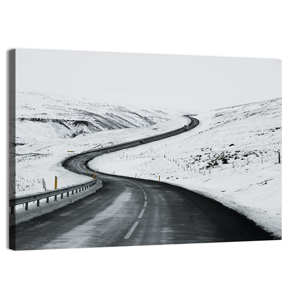Winding Snow Road with Yellow Markers Wall Art, canvas print, landscape