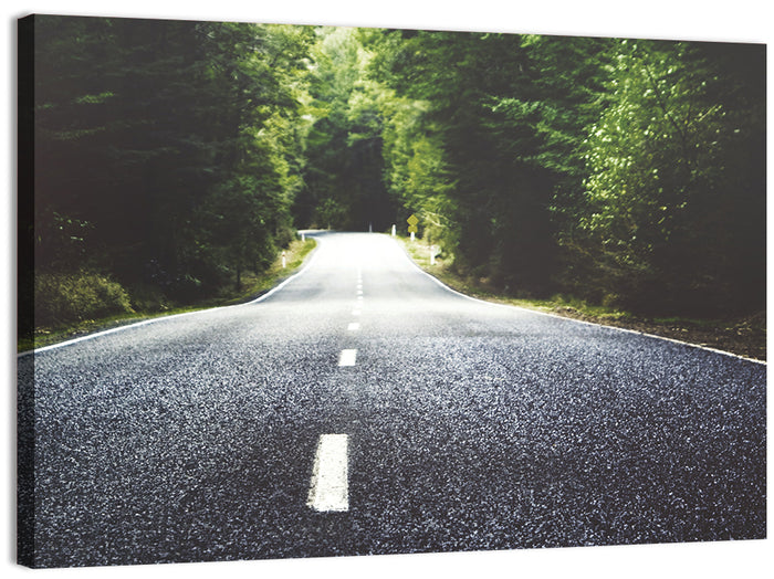 Summer Forest Road with Yellow Sign Wall Art as a canvas print