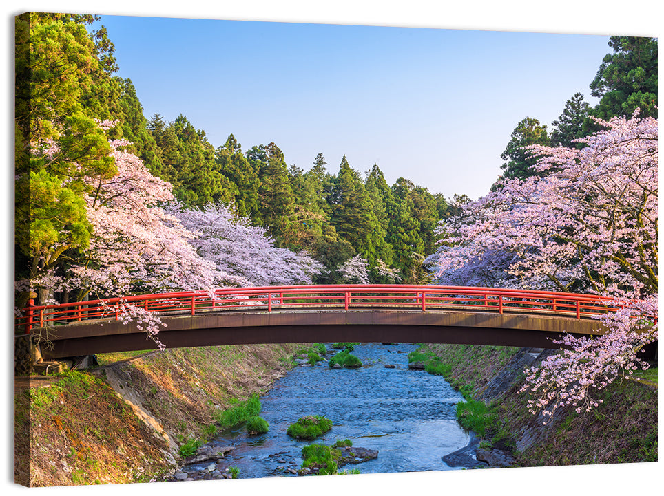 Arched Red Bridge with Cherry Blossoms Wall Art, canvas print, landscape