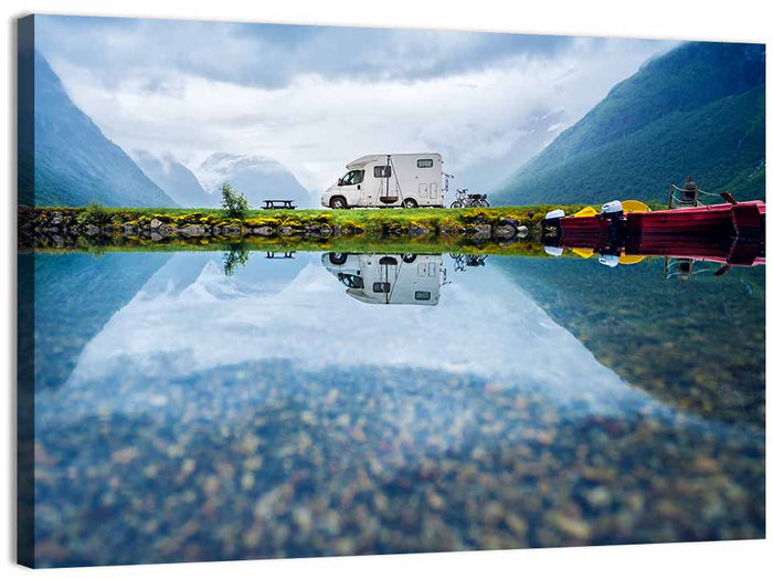 Motorhome by Mountain Lake Wall Art as a canvas print