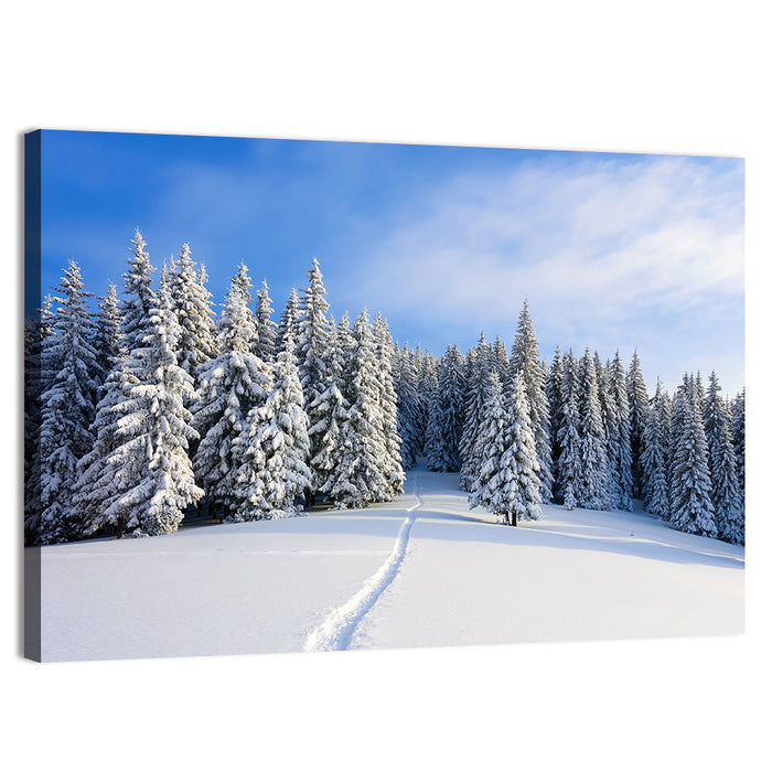 Snowy Mountain Forest Path Wall Art as a canvas print
