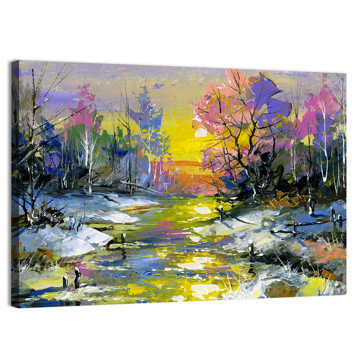 Golden Sunset Over Snowy Stream Wall Art as a canvas print