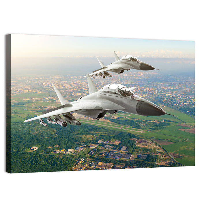 Twin Fighter Jets Over Cityscape Wall Art as a canvas print