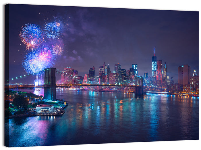 Fireworks Over Brooklyn Bridge Wall Art as a canvas print