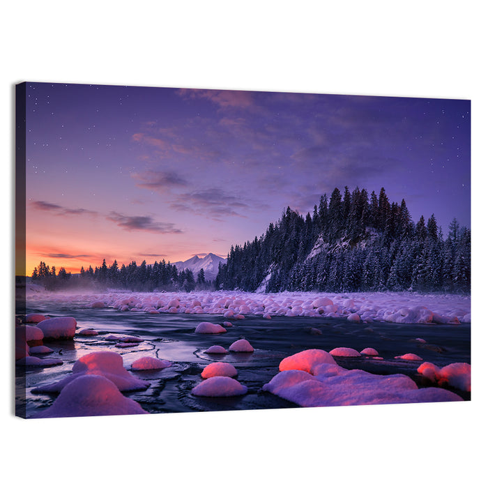 Twilight River and Snowy Pines Wall Art as a canvas print