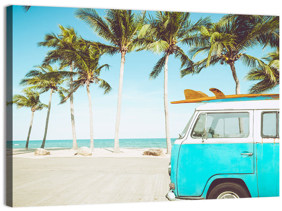 Vintage Vw Bus on Tropical Beach Wall Art, canvas print, landscape