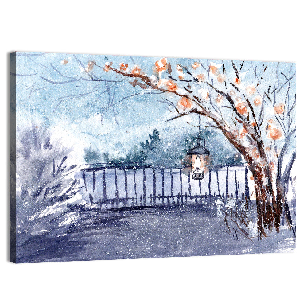 Countryside Winter Lantern Illustration Wall Art, canvas print, landscape
