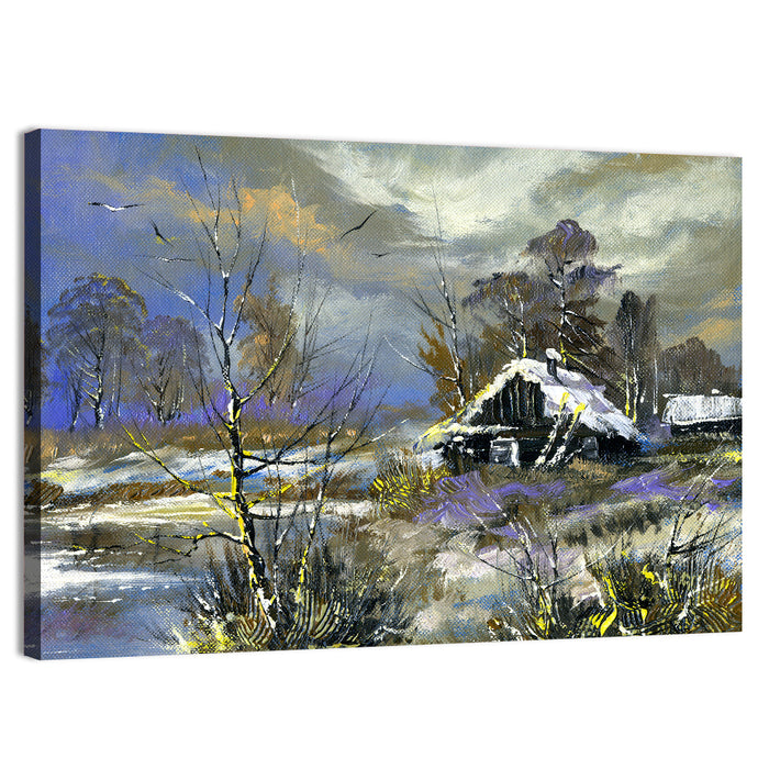 Winter Cottage by the River Wall Art as a canvas print