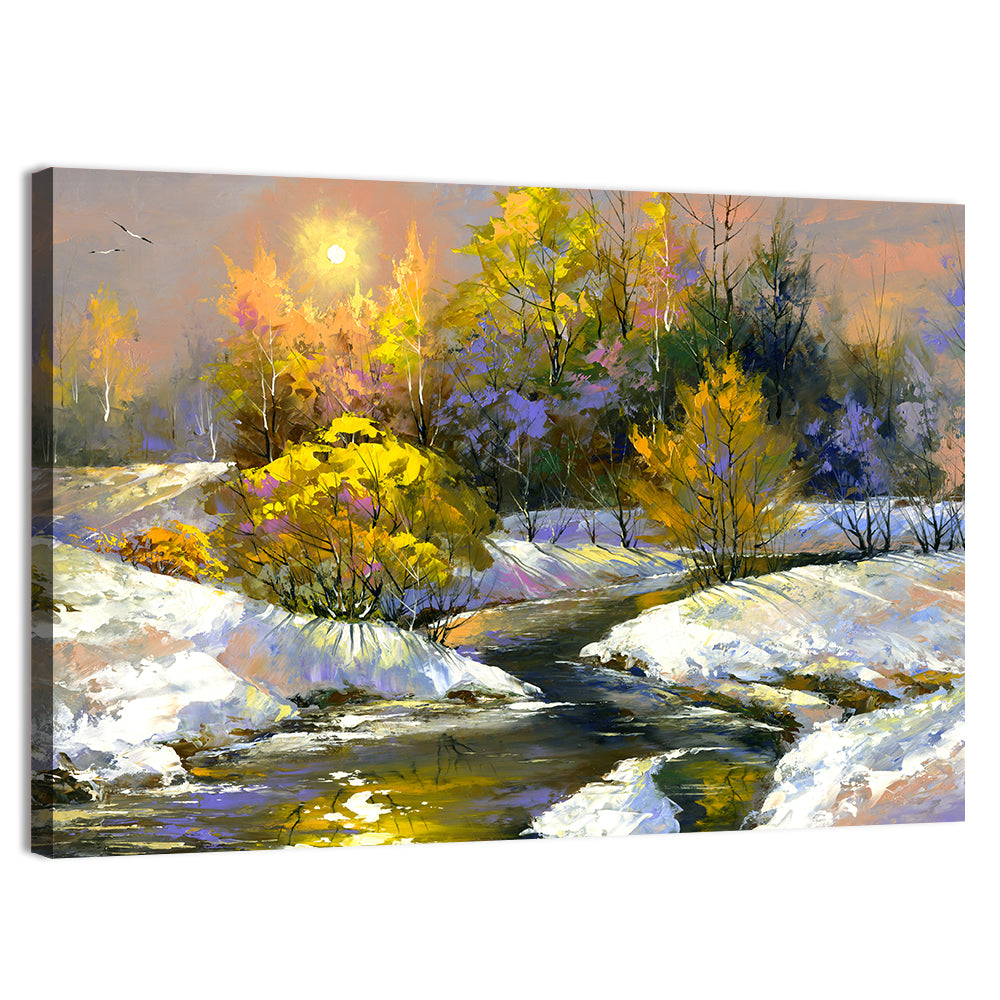 Sunlit Winter River Wall Art, canvas print, landscape