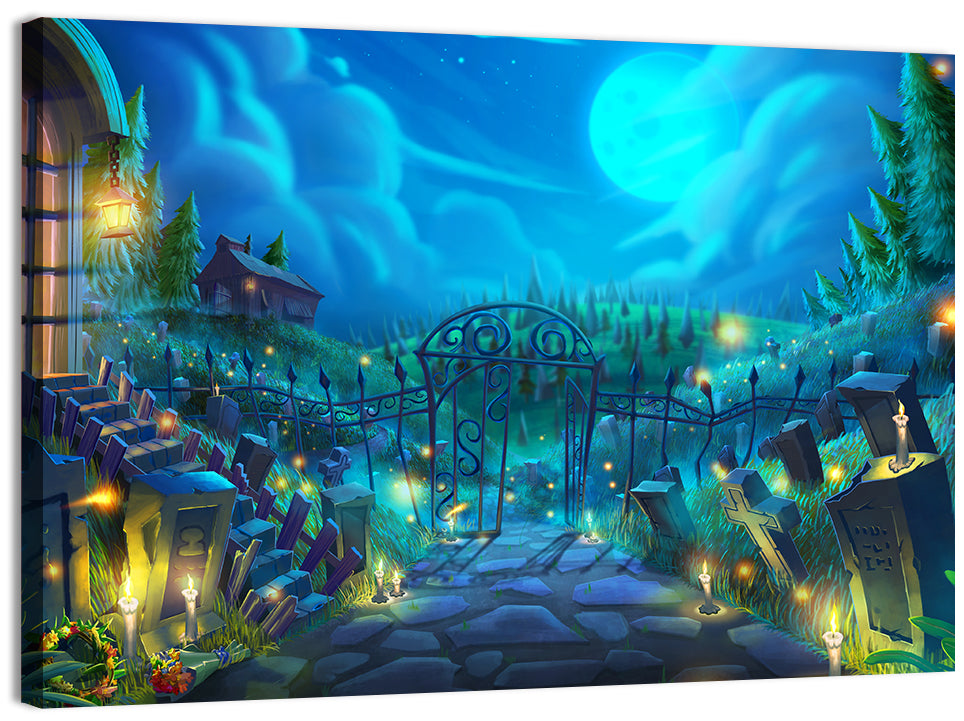 Halloween Cemetery Gate Illustration Wall Art, canvas print, landscape