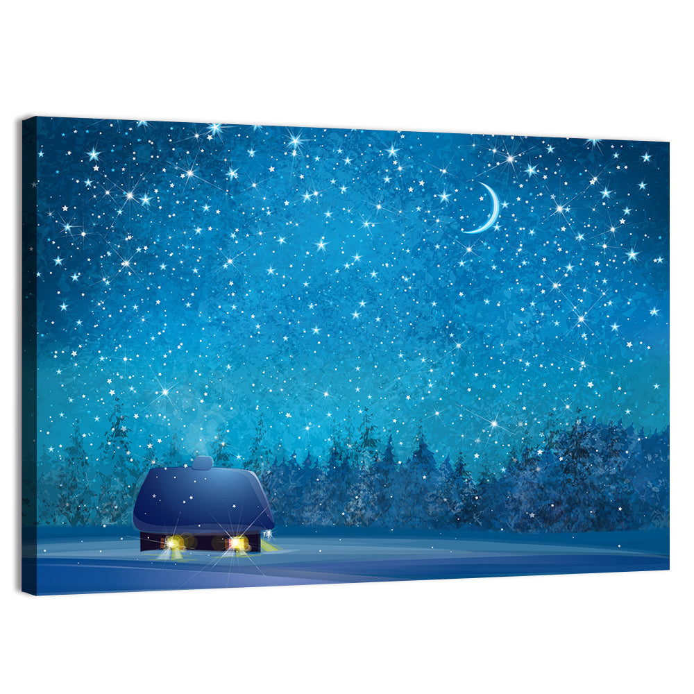 Winter Cottage Under Crescent Moon Wall Art, canvas print, landscape