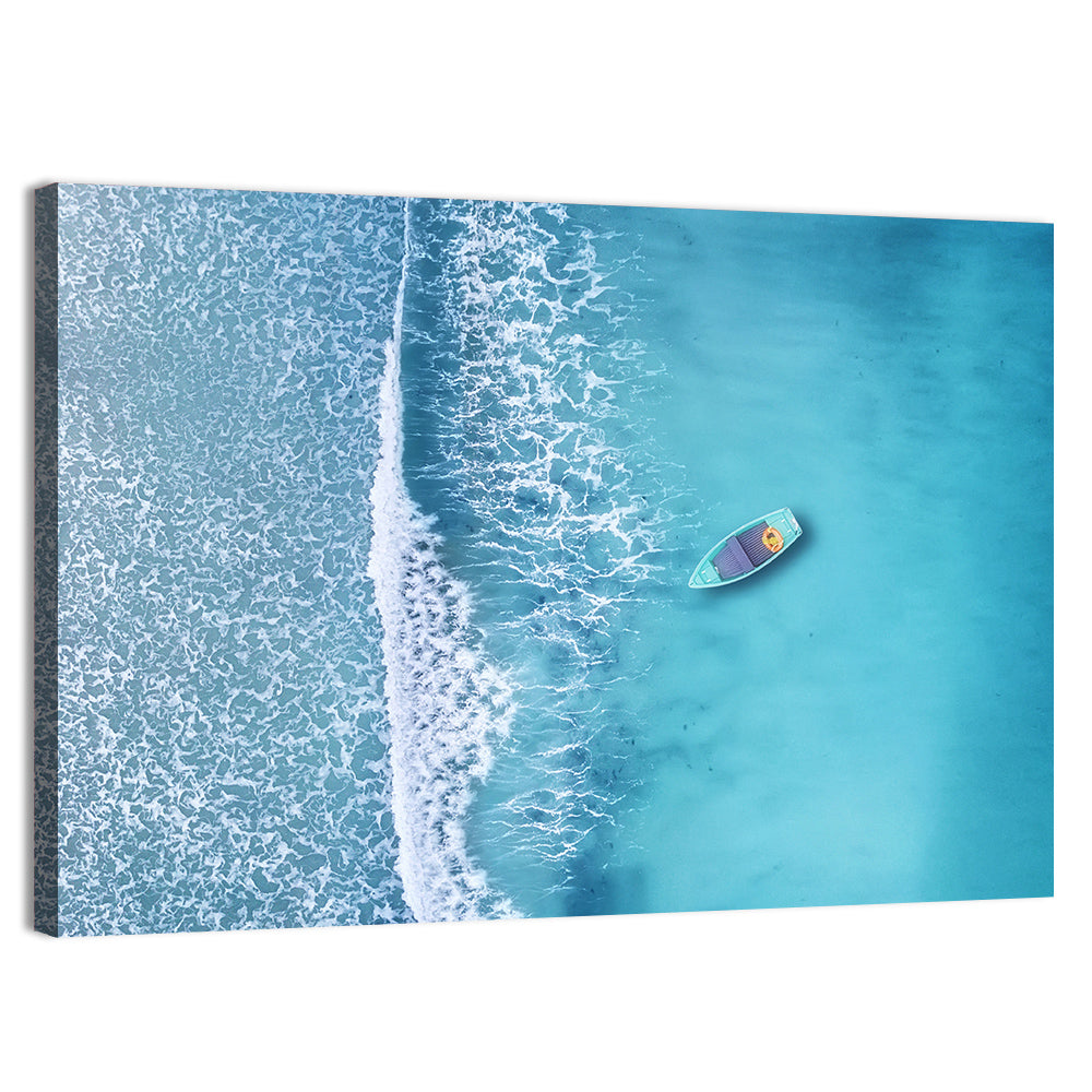 Lone Boat Over Turquoise Waves Wall Art, canvas print, landscape