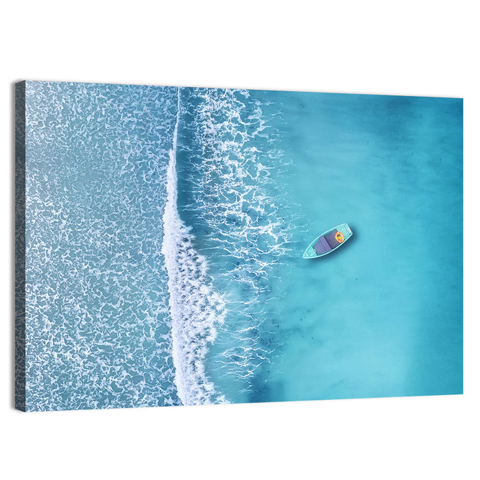Lone Boat Over Turquoise Waves Wall Art as a canvas print