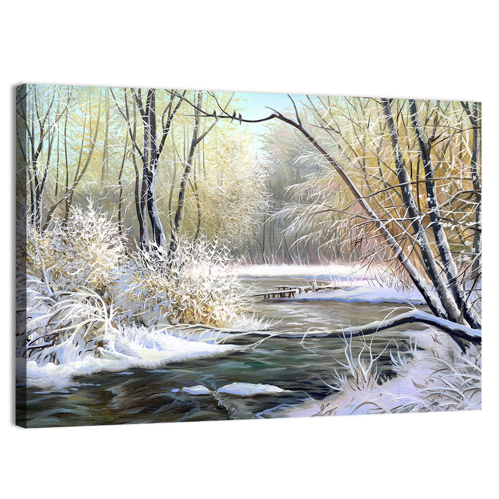 Frozen River with Perched Birds Wall Art, canvas print, landscape