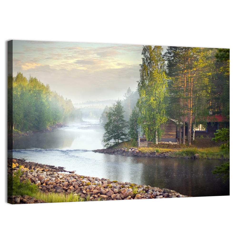 Misty River with Red Roof Cabin Wall Art, canvas print, landscape