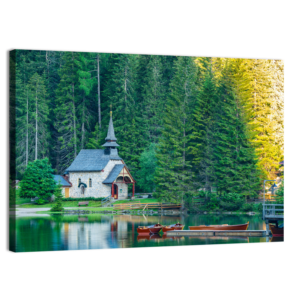 Lago Di Braies Chapel Reflection Wall Art, canvas print, landscape