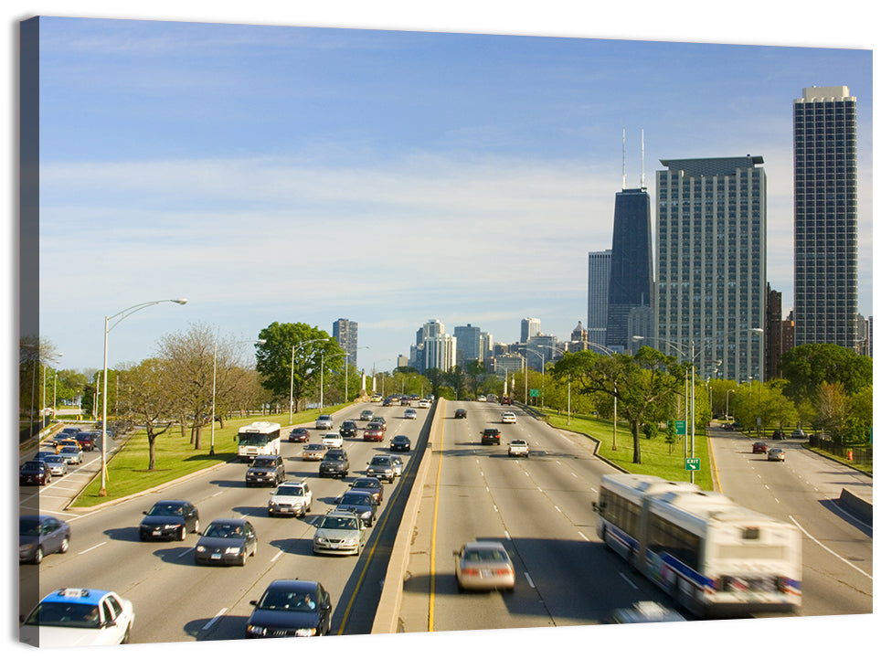 Chicago Expressway Toward Downtown Skyline Wall Art, canvas print, landscape
