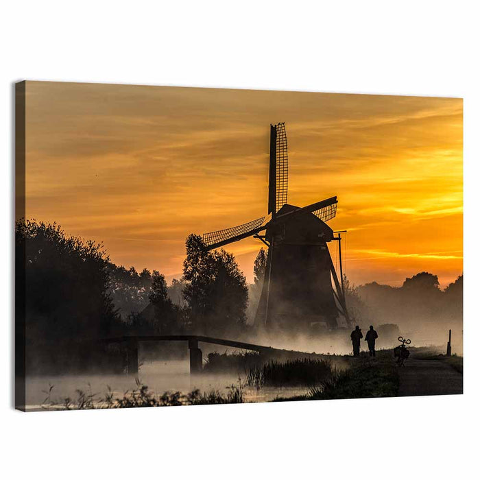 Misty Windmill at Sunrise Wall Art as a canvas print