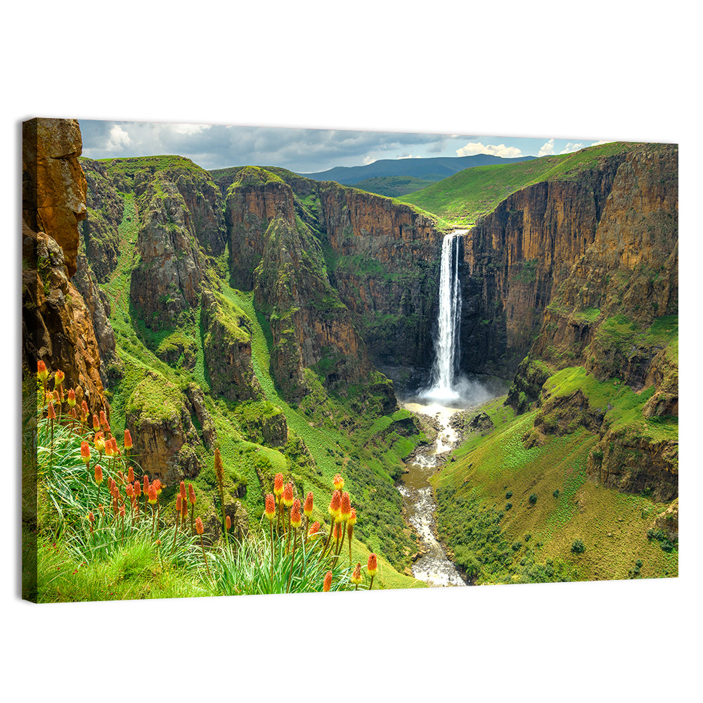 Maletsunyane Falls with Torch Lilies Wall Art, canvas print, landscape