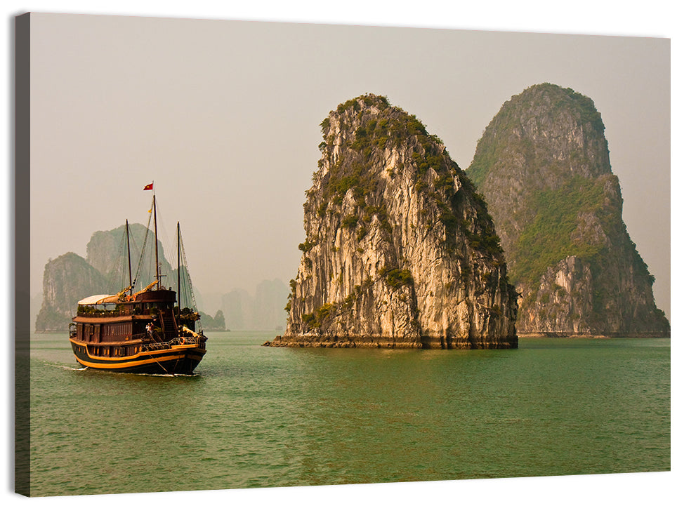 Ha Long Bay Junk Boat and Karst Cliffs Wall Art, canvas print, landscape
