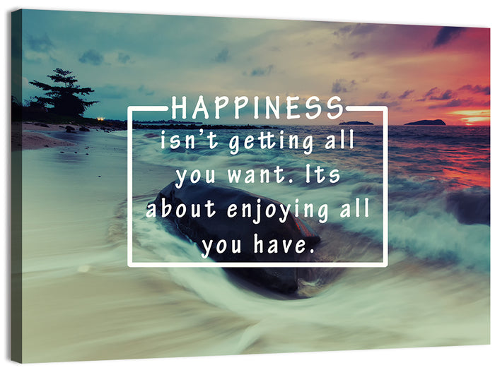 Happiness Quote on Sunset Beach Wall Art as a canvas print