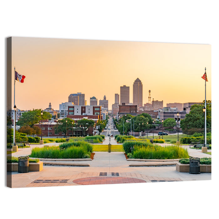 Des Moines Golden Hour Skyline Wall Art as a canvas print